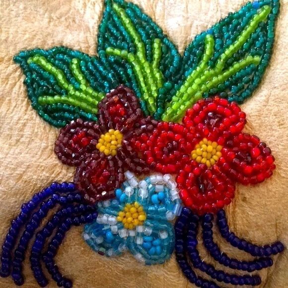 Hand Crafted Bag leather deer hide pink cotton lined bag fringe glass beads - Picture 2 of 8